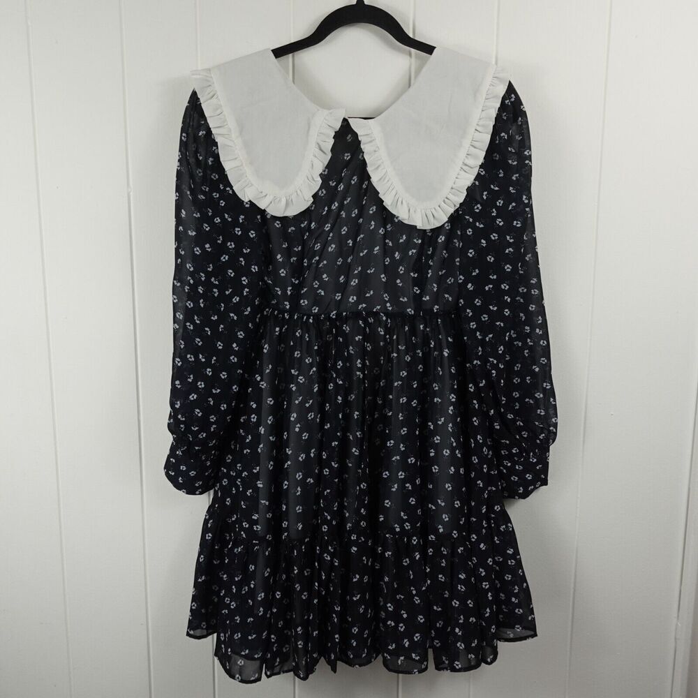 Elegant Black Floral Dress with White Collar